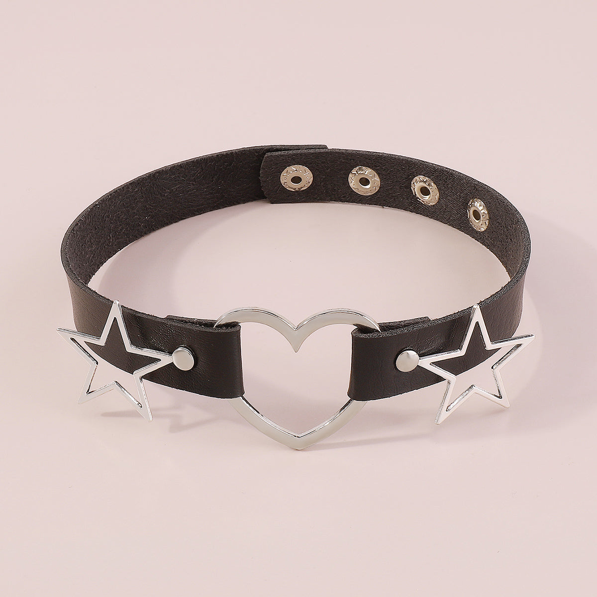 Black Polystyrene and Silver-Plated Star Heart Choker Necklace, chunky silver choker necklace, detail close-up