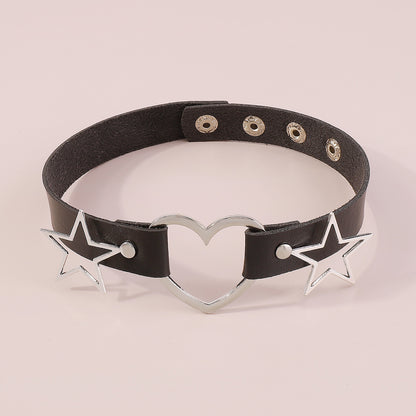 Black Polystyrene and Silver-Plated Star Heart Choker Necklace, chunky silver choker necklace, detail close-up
