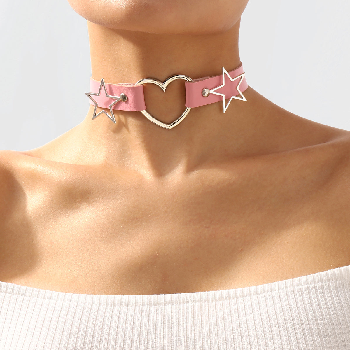 Pink Polystyrene and Silver-Plated Star Heart Choker Necklace, chunky silver choker necklace, front view
