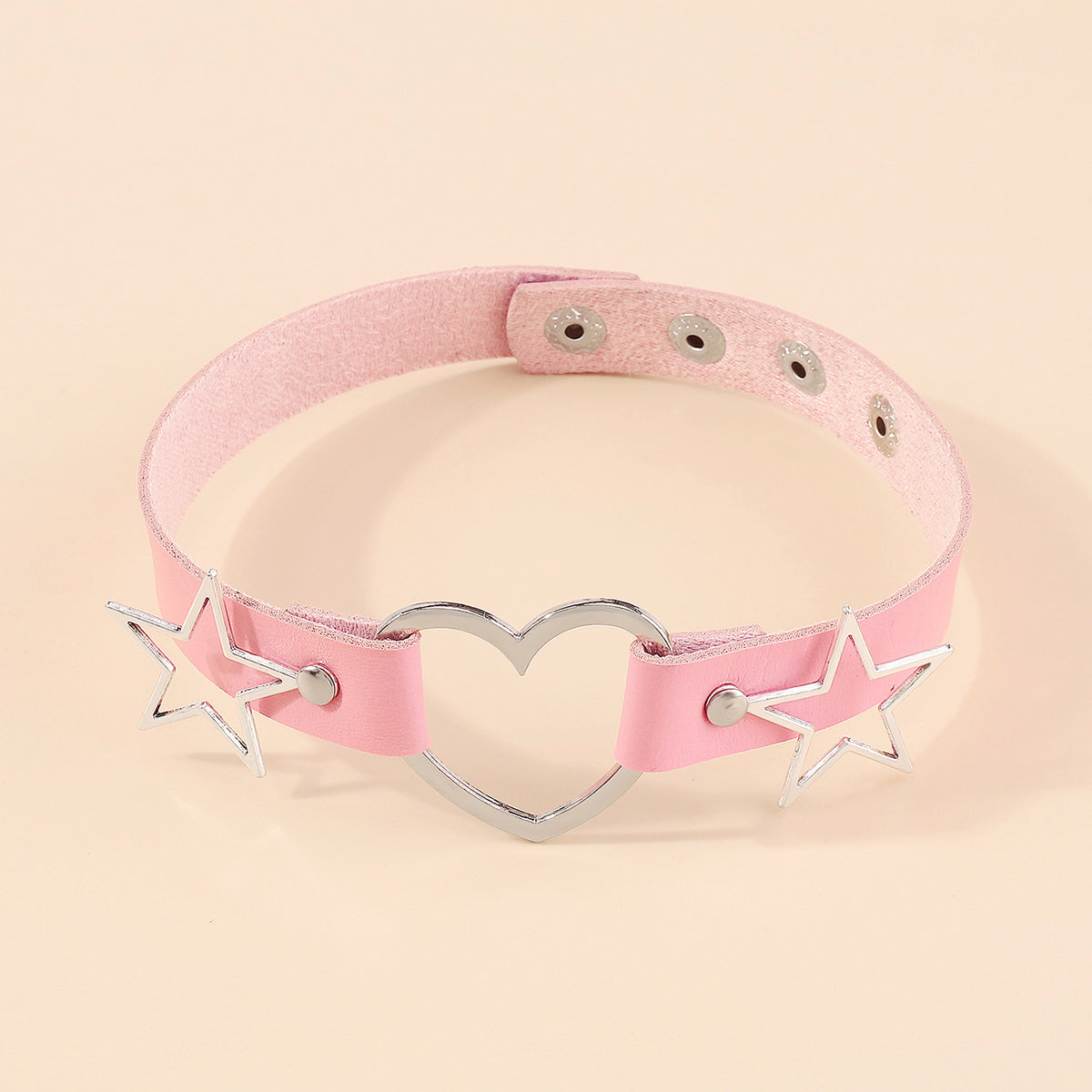 Pink Polystyrene and Silver-Plated Star Heart Choker Necklace, chunky silver choker necklace, detail close-up