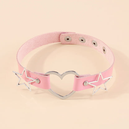 Pink Polystyrene and Silver-Plated Star Heart Choker Necklace, chunky silver choker necklace, detail close-up