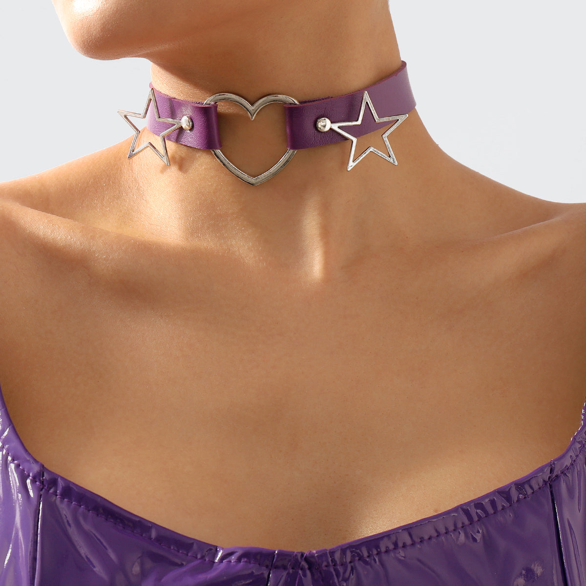 Purple Polystyrene & Silver-Plated Star Heart Choker Necklace