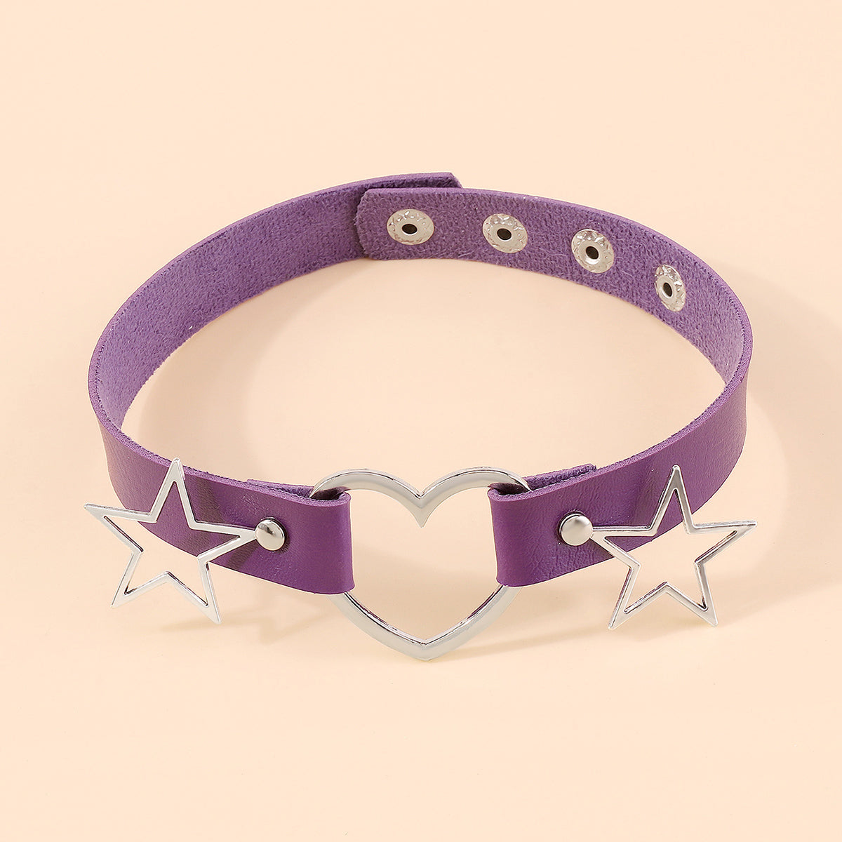 Purple Polystyrene and Silver-Plated Star Heart Choker Necklace, chunky silver choker necklace, detail close-up