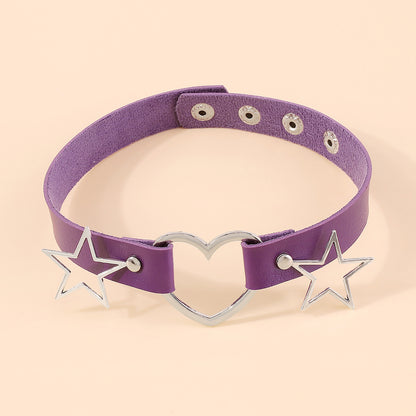 Purple Polystyrene and Silver-Plated Star Heart Choker Necklace, chunky silver choker necklace, detail close-up