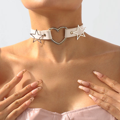 White Polystyrene and Silver-Plated Star Heart Choker Necklace, chunky silver choker necklace, front view