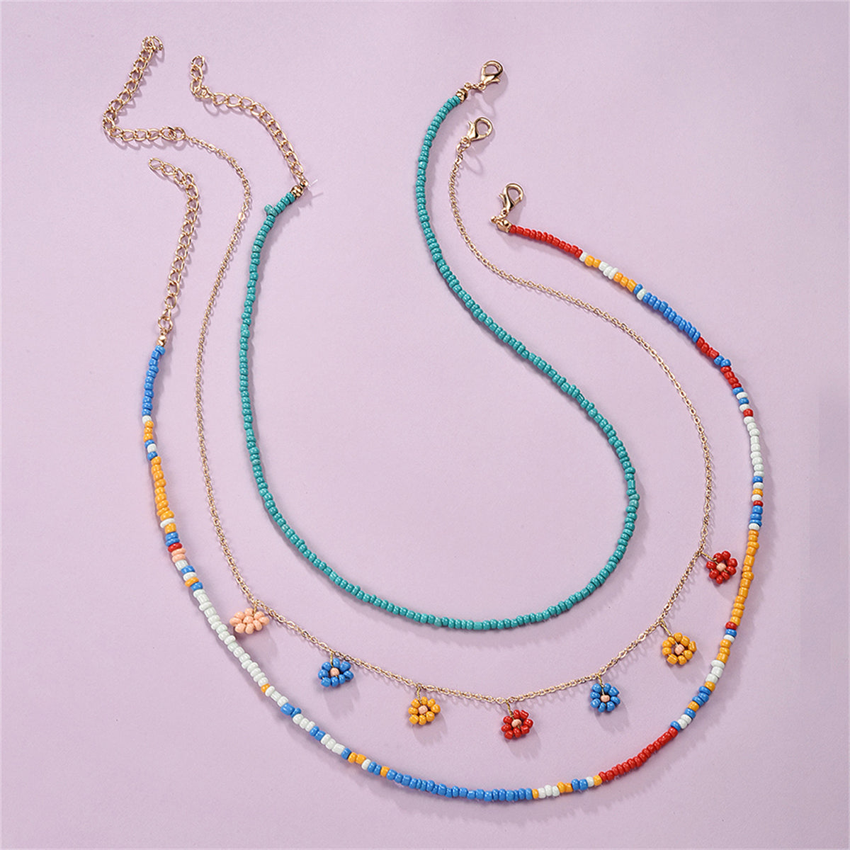 Blue Multicolor Howlite & 18K Gold-Plated Floral Station Necklace Set