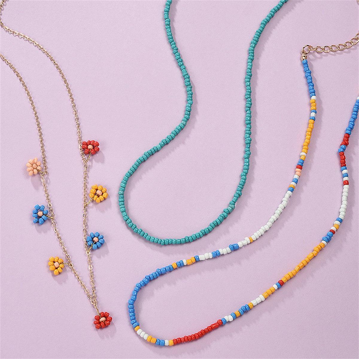 Blue Multicolor Howlite & 18K Gold-Plated Floral Station Necklace Set