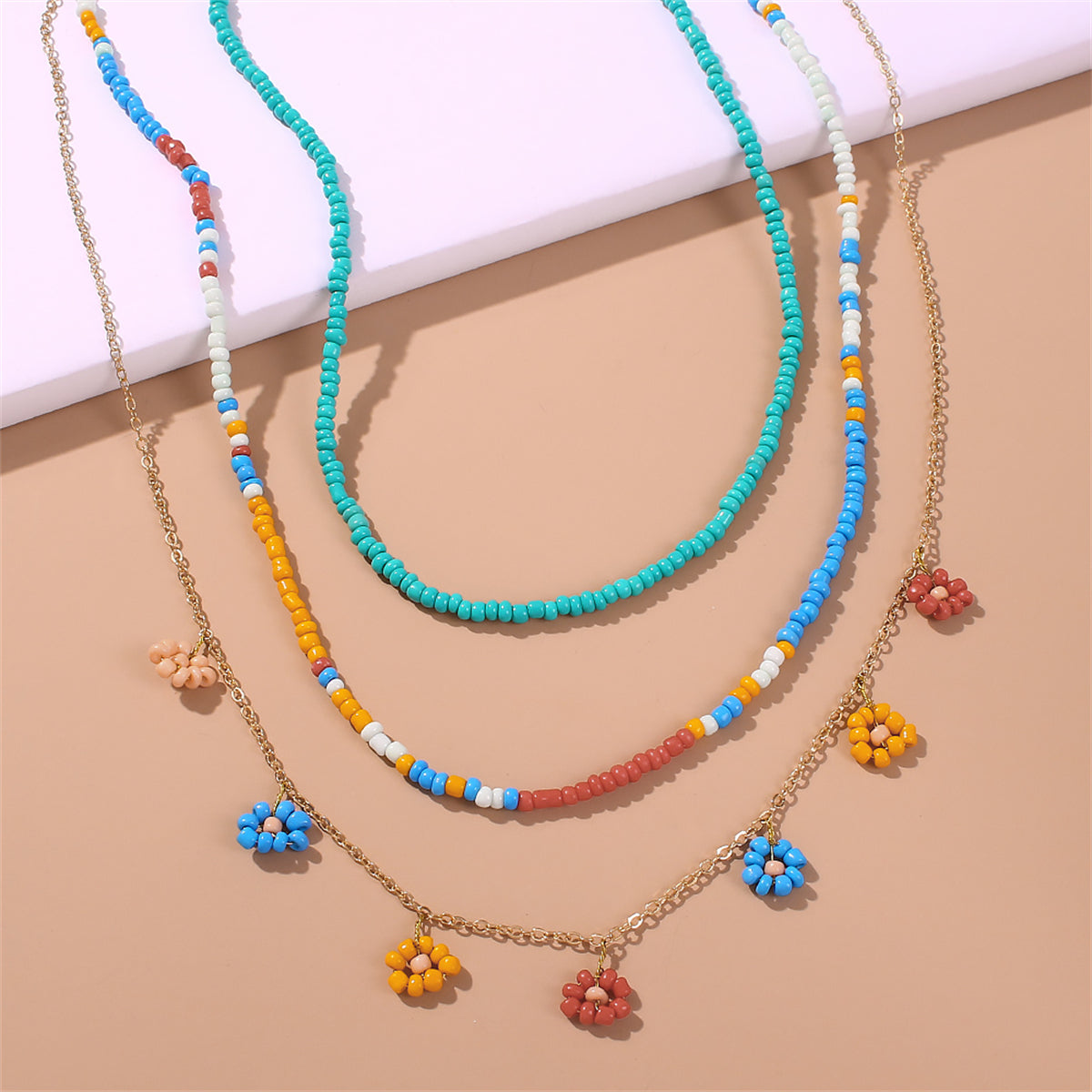 Blue Multicolor Howlite & 18K Gold-Plated Floral Station Necklace Set