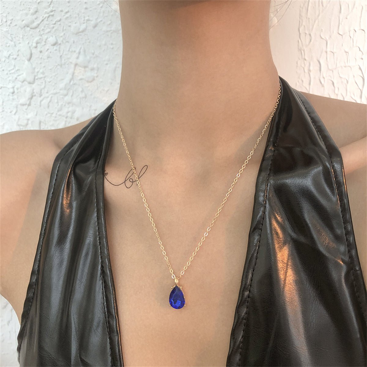 Blue Crystal and 18K Gold-Plated Teardrop Pendant Necklace, gold pendant necklace for women, front view