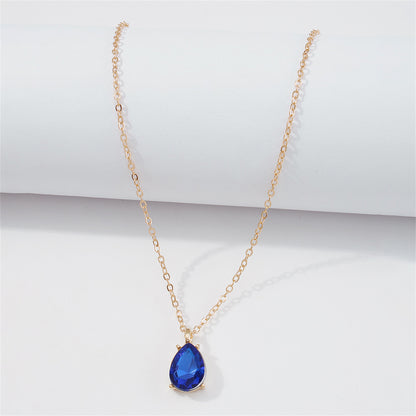 Blue Crystal and 18K Gold-Plated Teardrop Pendant Necklace, gold pendant necklace for women, detail close-up