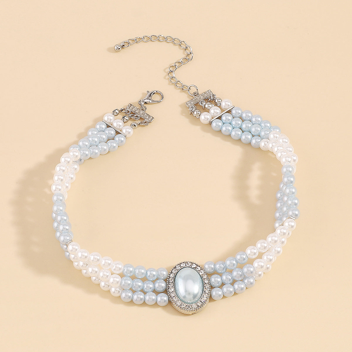 Light Blue Pearl & Silver-Plated Oval Layered Choker Necklace