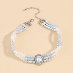 Light Blue Pearl & Silver-Plated Oval Layered Choker Necklace