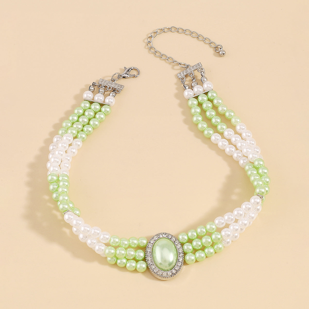 Light Green Pearl & Silver-Plated Oval Layered Choker Necklace