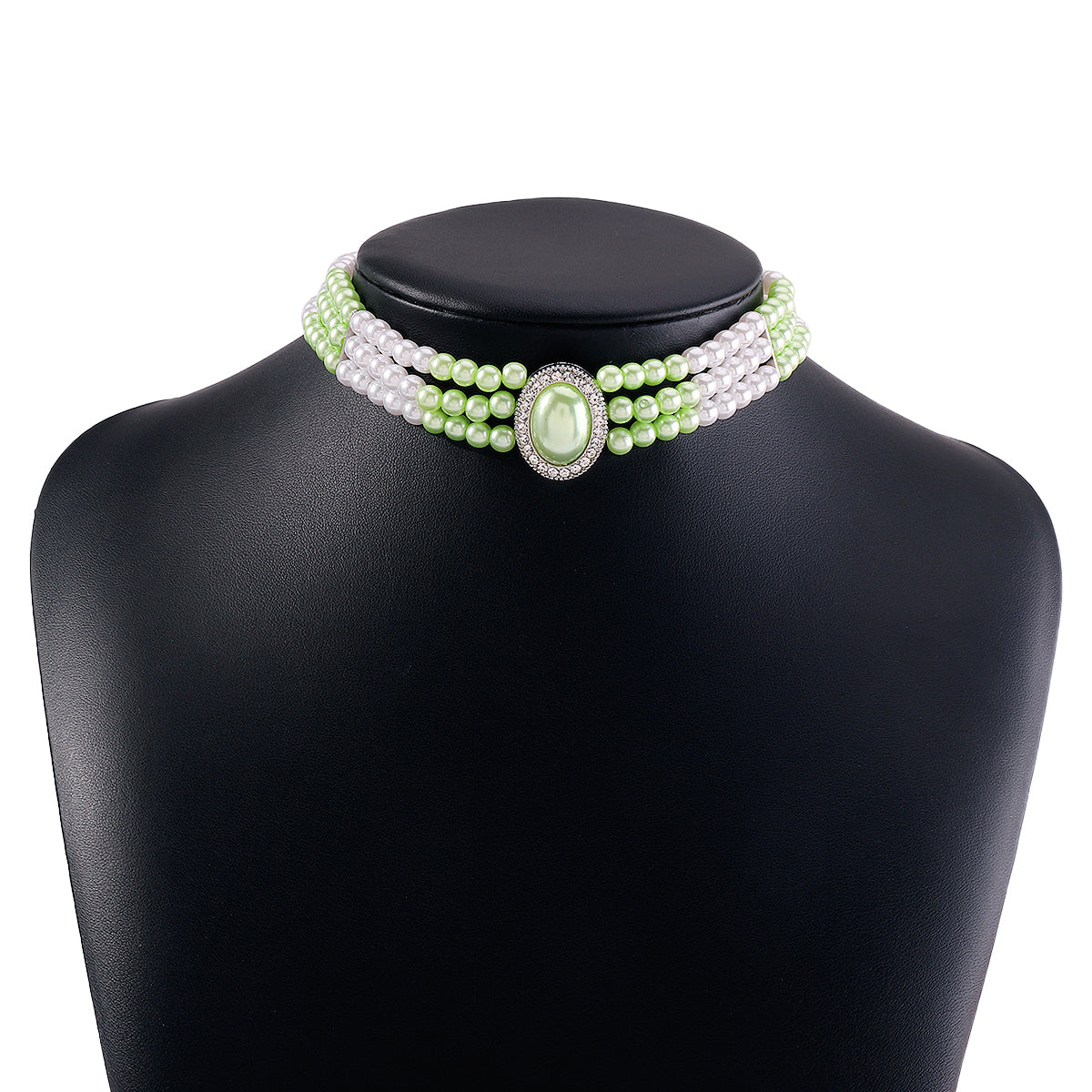 Light Green Pearl & Silver-Plated Oval Layered Choker Necklace