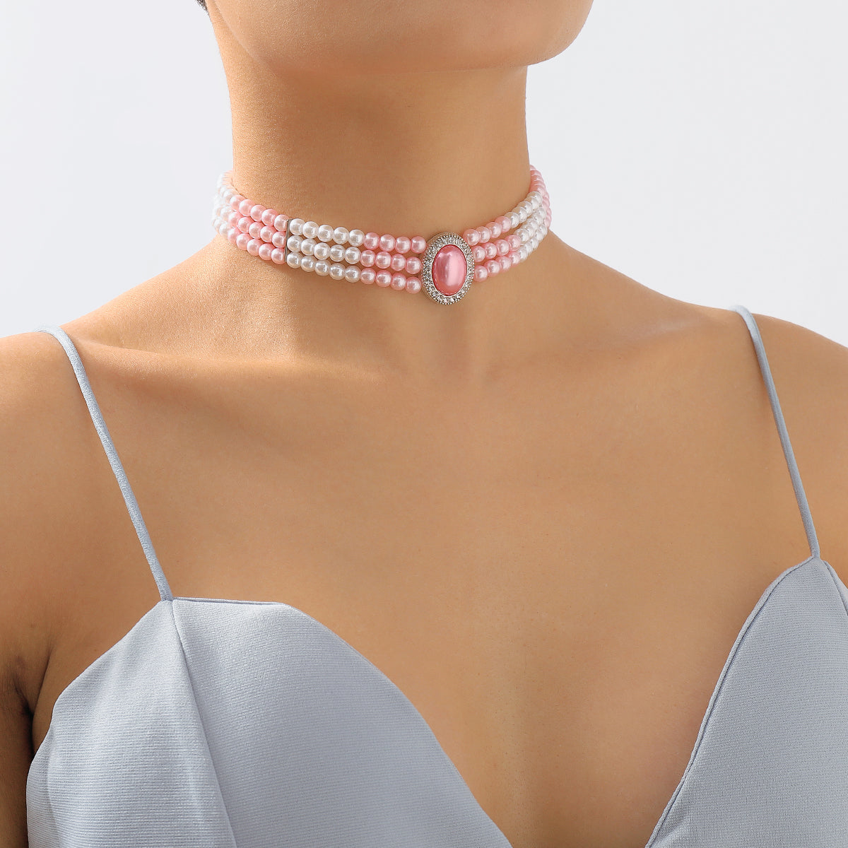Pink Pearl & Silver-Plated Oval Layered Choker Necklace