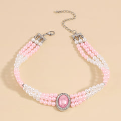 Pink Pearl & Silver-Plated Oval Layered Choker Necklace
