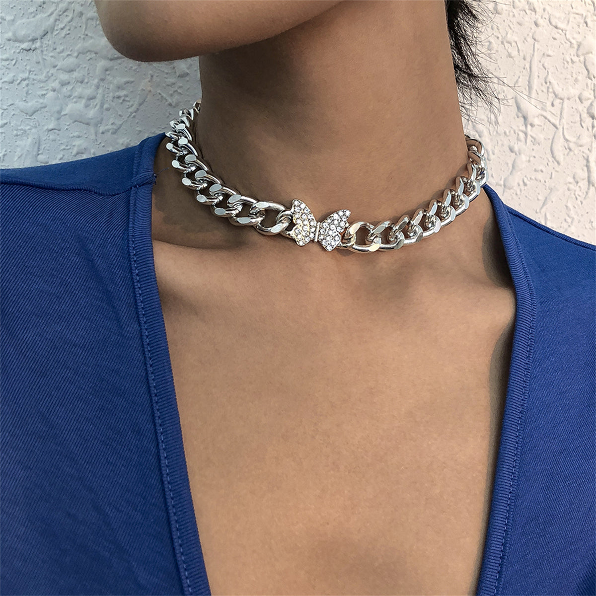 Cubic Zirconia & Silver-Plated Curb Chain Butterfly Choker