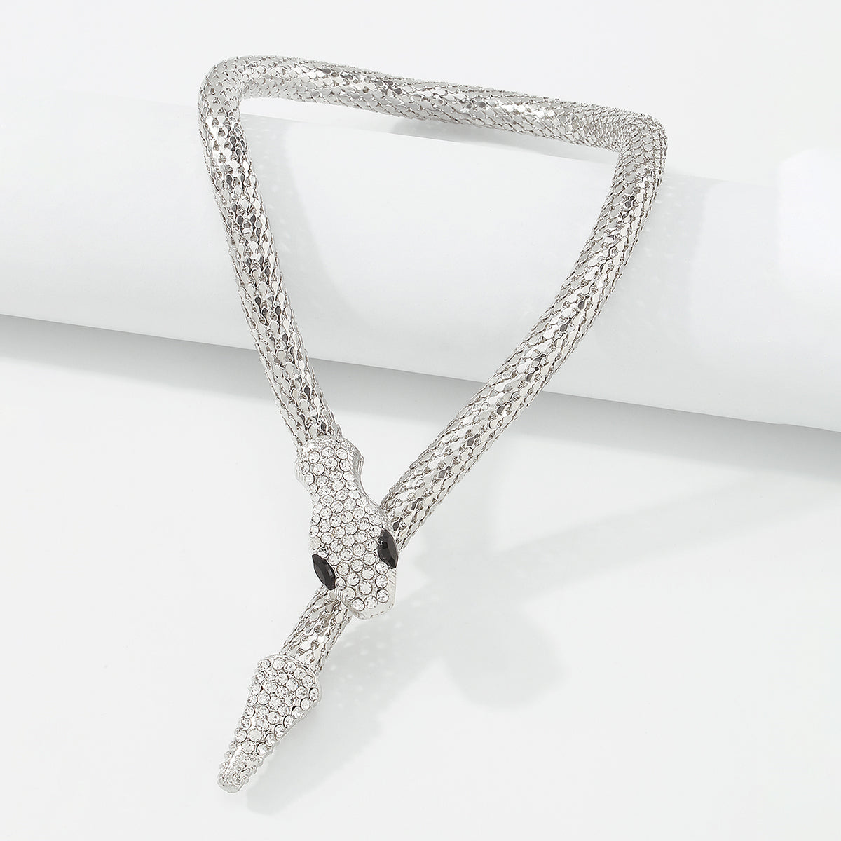 Cubic Zirconia and Silver-Plated Snake Lariat Necklace, silver pendant necklace for women, everyday style, side view