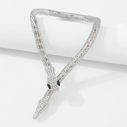 Cubic Zirconia and Silver-Plated Snake Lariat Necklace, silver pendant necklace for women, everyday style, side view
