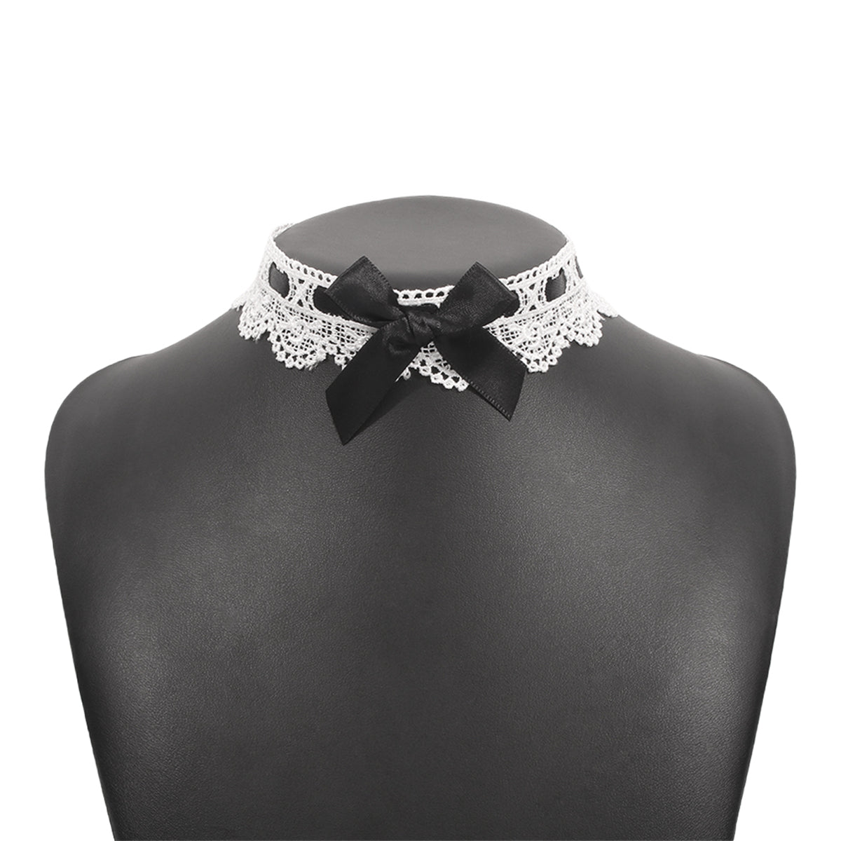 Black Polyster and Silver-Plated Lace Bow Choker Necklace, chunky silver choker necklace, elegant gift for her, side view