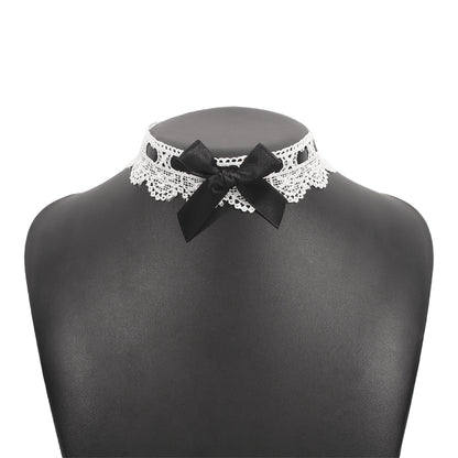 Black Polyster and Silver-Plated Lace Bow Choker Necklace, chunky silver choker necklace, elegant gift for her, side view