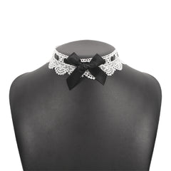 Black Polyster & Silver-Plated Lace Bow Choker Necklace