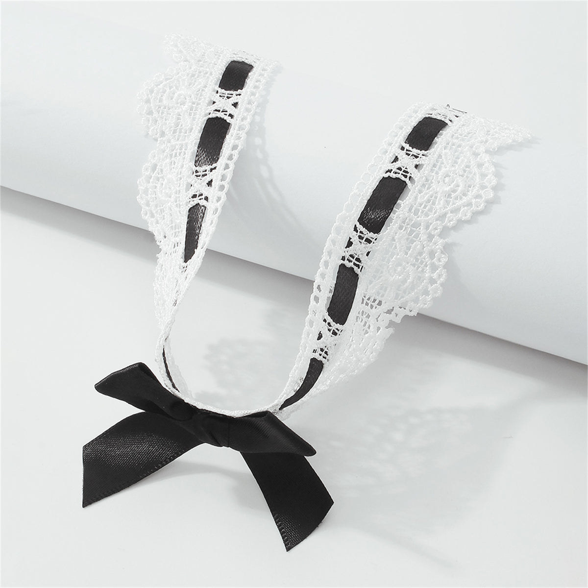 Black Polyster and Silver-Plated Lace Bow Choker Necklace, chunky silver choker necklace, elegant gift for her, front view