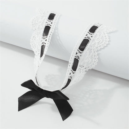 Black Polyster and Silver-Plated Lace Bow Choker Necklace, chunky silver choker necklace, elegant gift for her, front view