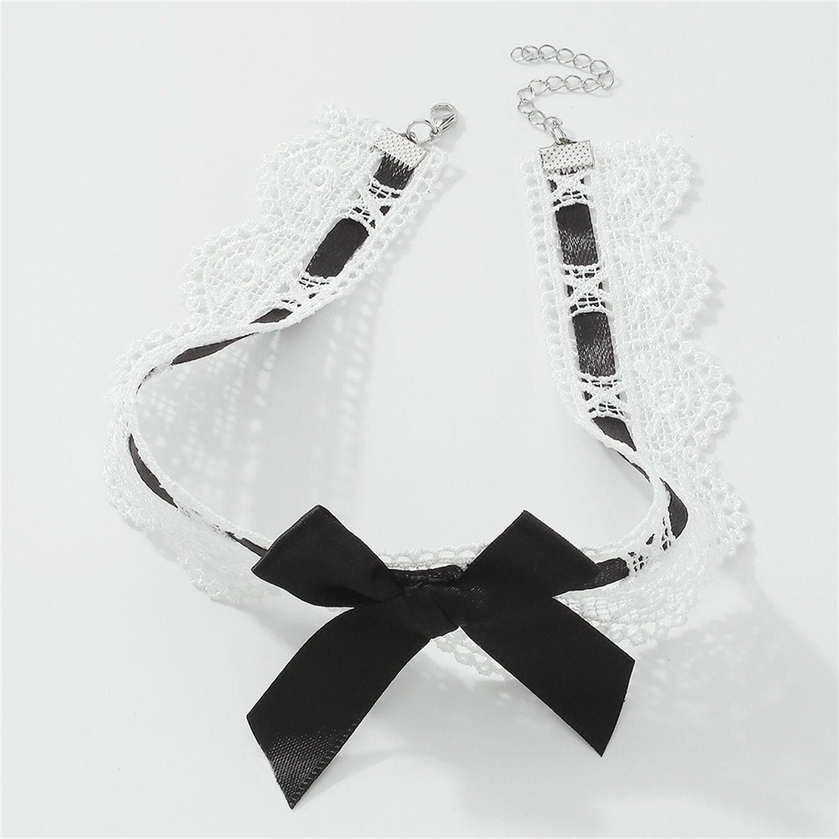 Black Polyster and Silver-Plated Lace Bow Choker Necklace, chunky silver choker necklace, detail close-up