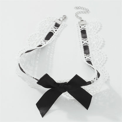 Black Polyster and Silver-Plated Lace Bow Choker Necklace, chunky silver choker necklace, detail close-up