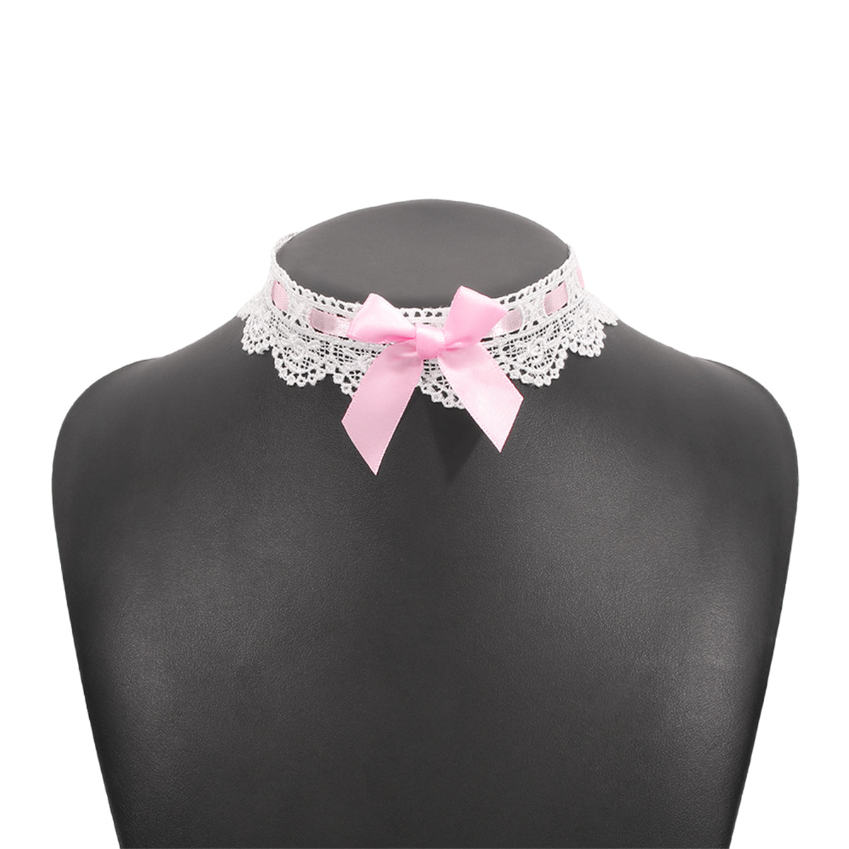 Pink Polyster and Silver-Plated Lace Bow Choker Necklace, chunky silver choker necklace, everyday style, front view