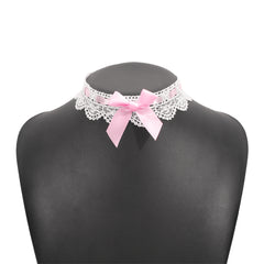 Pink Polyster & Silver-Plated Lace Bow Choker Necklace