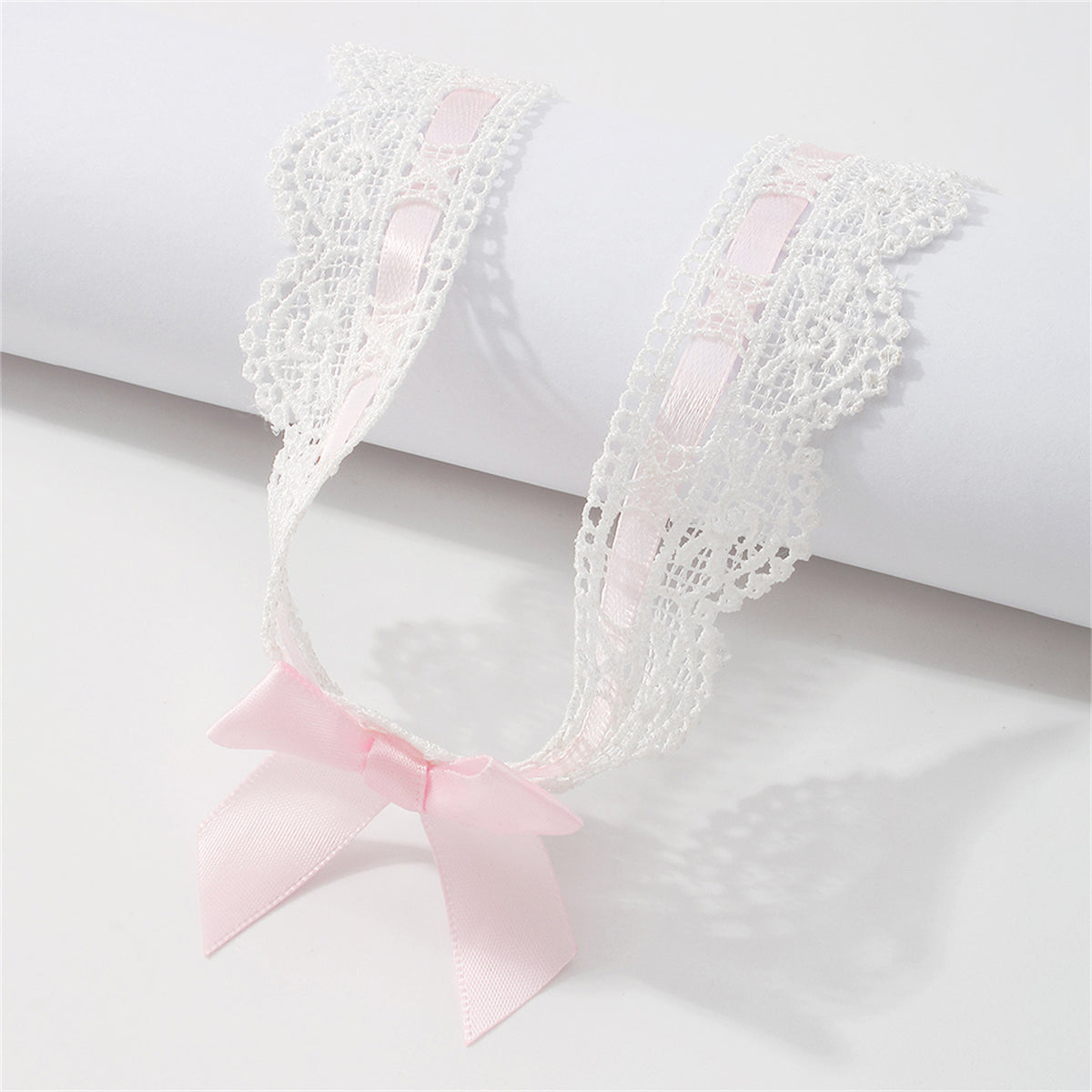 Pink Polyster and Silver-Plated Lace Bow Choker Necklace, chunky silver choker necklace, everyday style, side view