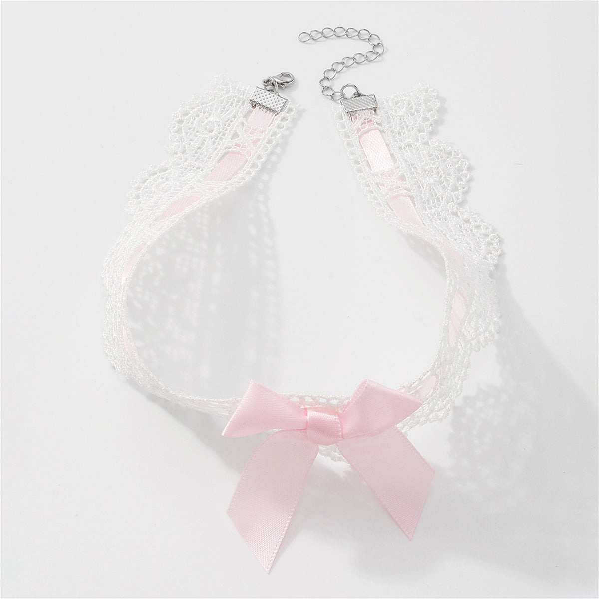 Pink Polyster and Silver-Plated Lace Bow Choker Necklace, chunky silver choker necklace, everyday style, detail close-up
