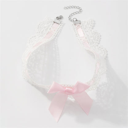 Pink Polyster and Silver-Plated Lace Bow Choker Necklace, chunky silver choker necklace, everyday style, detail close-up