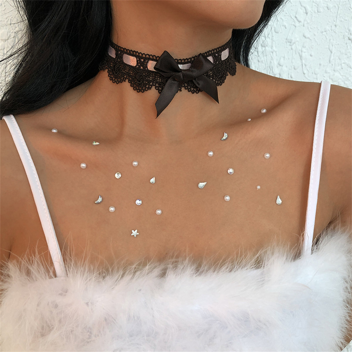 Black and White Bow Choker, chunky choker necklace, dainty minimalist design, side view
