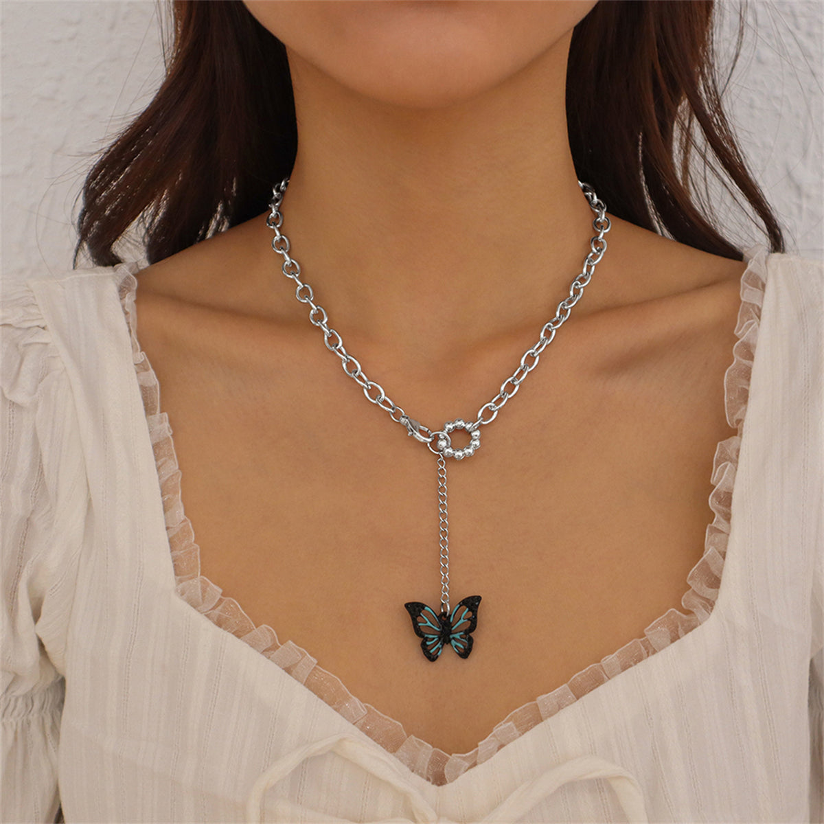 Cubic Zirconia and Enamel Silver-Plated Butterfly Drop Pendant Necklace, silver pendant necklace for women, front view