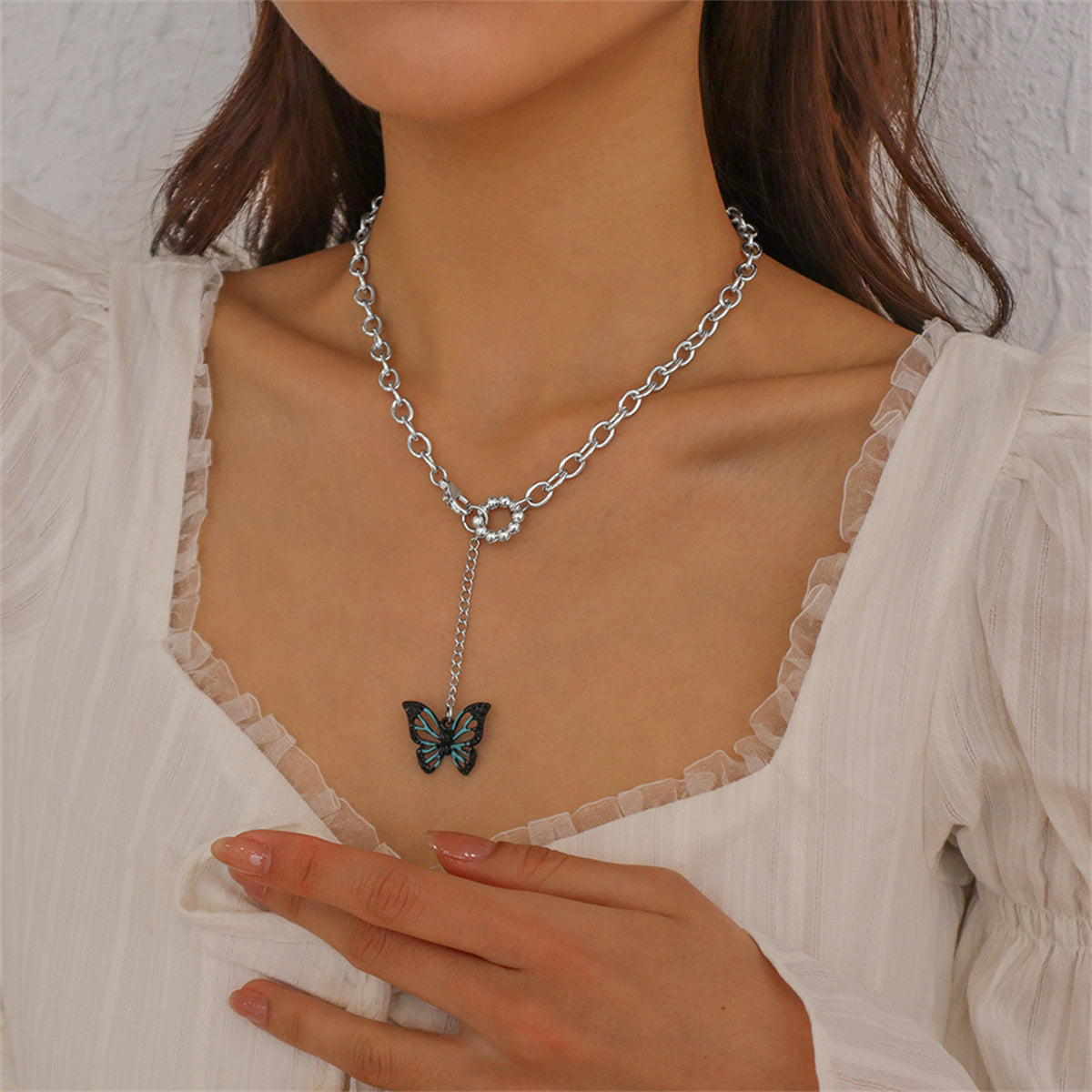 Cubic Zirconia and Enamel Silver-Plated Butterfly Drop Pendant Necklace, silver pendant necklace for women, side view