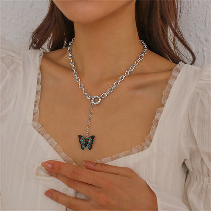 Cubic Zirconia and Enamel Silver-Plated Butterfly Drop Pendant Necklace, silver pendant necklace for women, side view