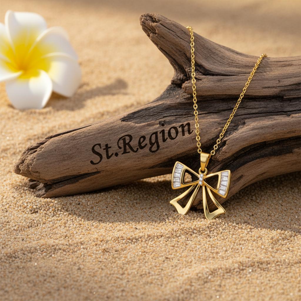 Crystal and Cubic Zirconia 18K Gold-Plated Bow Pendant Necklace, gold pendant necklace for women, detail close-up
