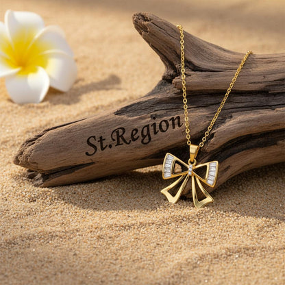 Crystal and Cubic Zirconia 18K Gold-Plated Bow Pendant Necklace, gold pendant necklace for women, detail close-up