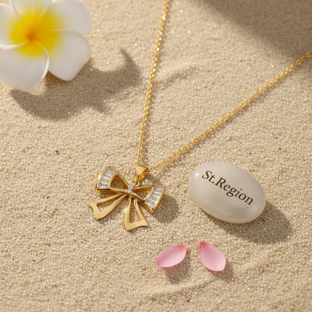 Crystal and Cubic Zirconia 18K Gold-Plated Bow Pendant Necklace, gold pendant necklace for women, lifestyle look