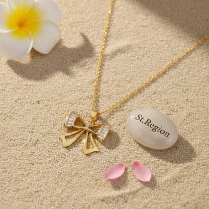 Crystal and Cubic Zirconia 18K Gold-Plated Bow Pendant Necklace, gold pendant necklace for women, lifestyle look