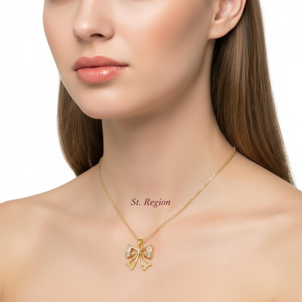 Crystal and Cubic Zirconia 18K Gold-Plated Bow Pendant Necklace, gold pendant necklace for women, everyday style, styled look