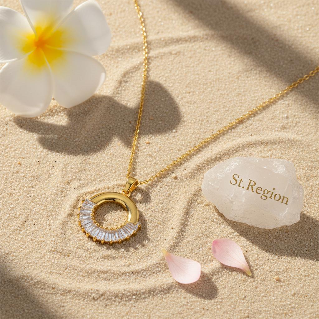Crystal and 18K Gold-Plated Circle Pendant Necklace, gold pendant necklace for women, everyday style, lifestyle look