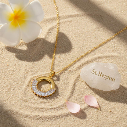 Crystal and 18K Gold-Plated Circle Pendant Necklace, gold pendant necklace for women, everyday style, lifestyle look