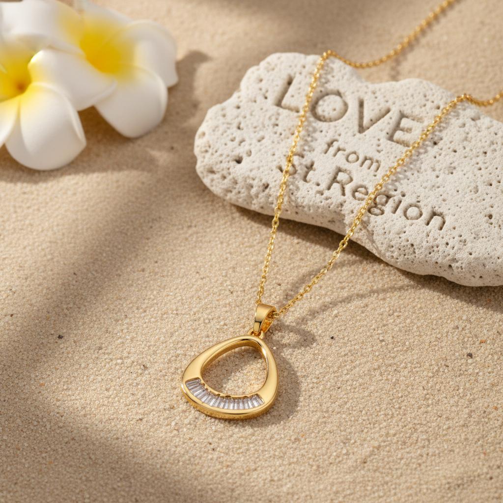 Crystal and 18K Gold-Plated Oval Pendant Necklace, gold pendant necklace for women, elegant gift for her, front view