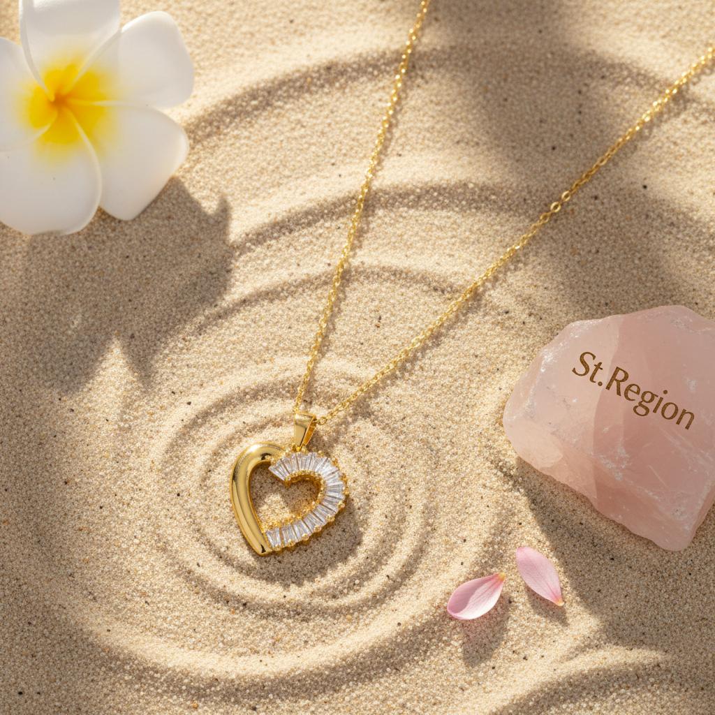 Crystal and 18K Gold-Plated Heart Pendant Necklace, gold pendant necklace for women, dainty minimalist design, lifestyle look
