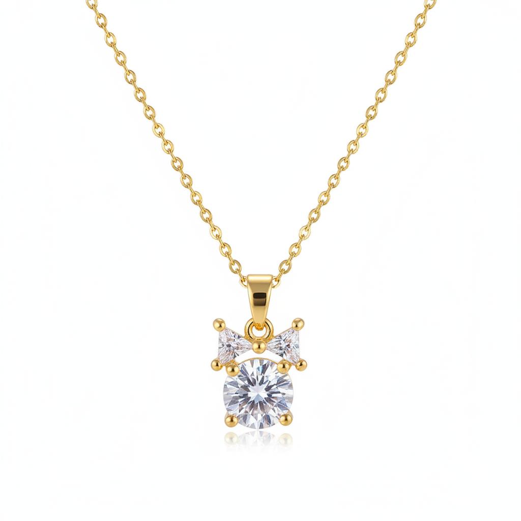Clear Crystal and 18K Gold-Plated Bow Pendant Necklace, gold pendant necklace for women, botanical inspired, side view