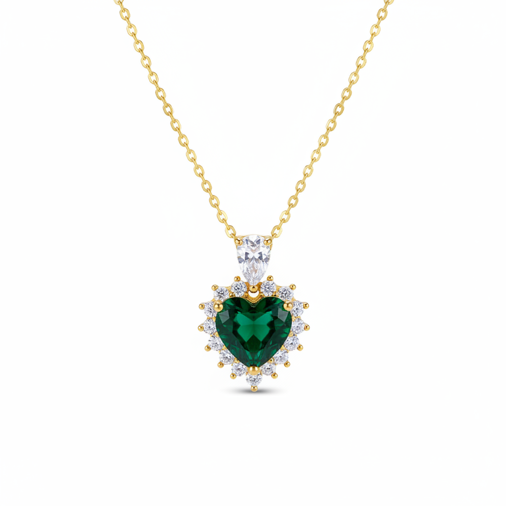 Green Crystal & Cubic Zirconia Heart Pendant Necklace - Street Region